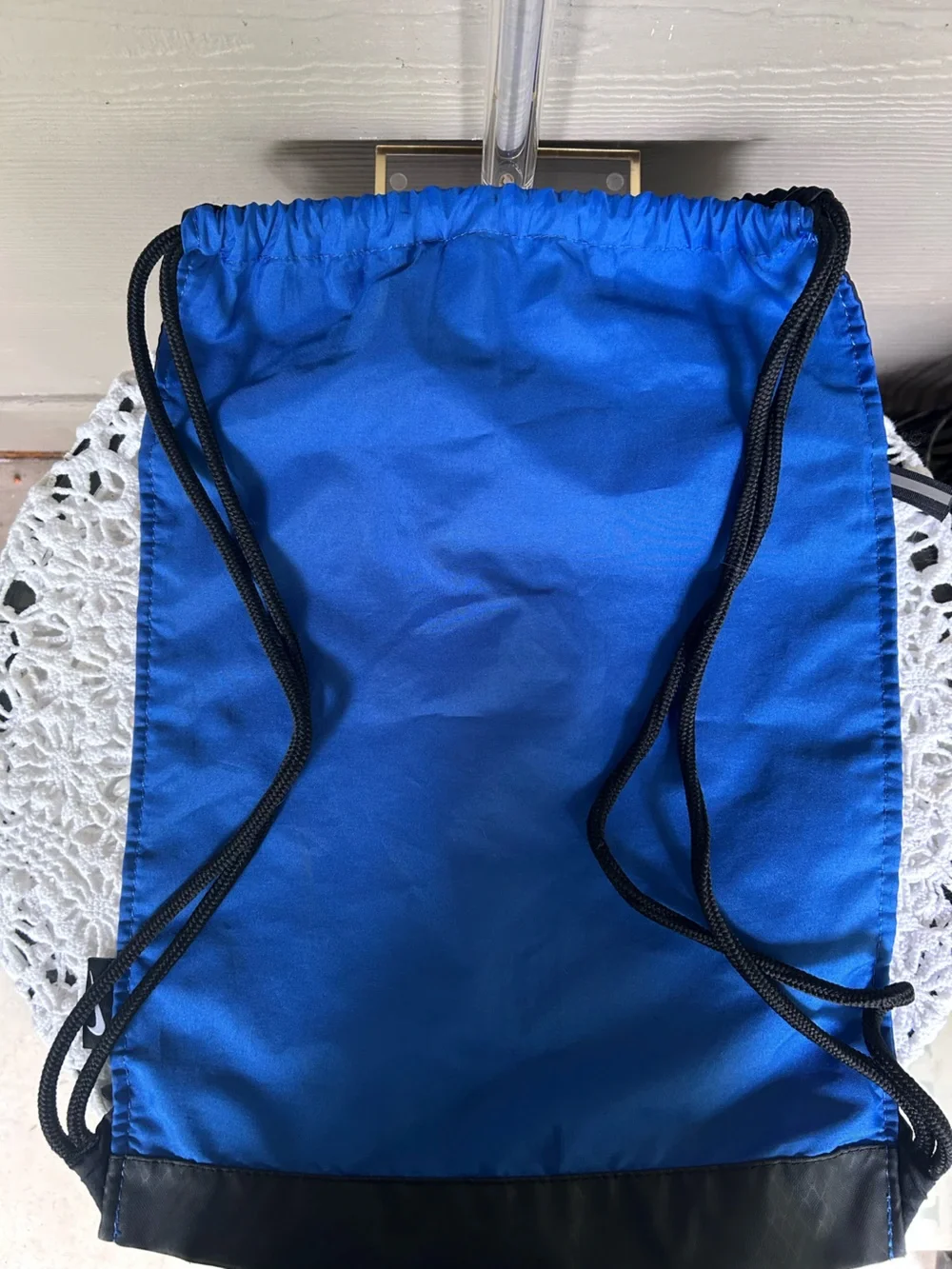 Nike Royal Blue and Black Drawstring Backpack with White Swoosh